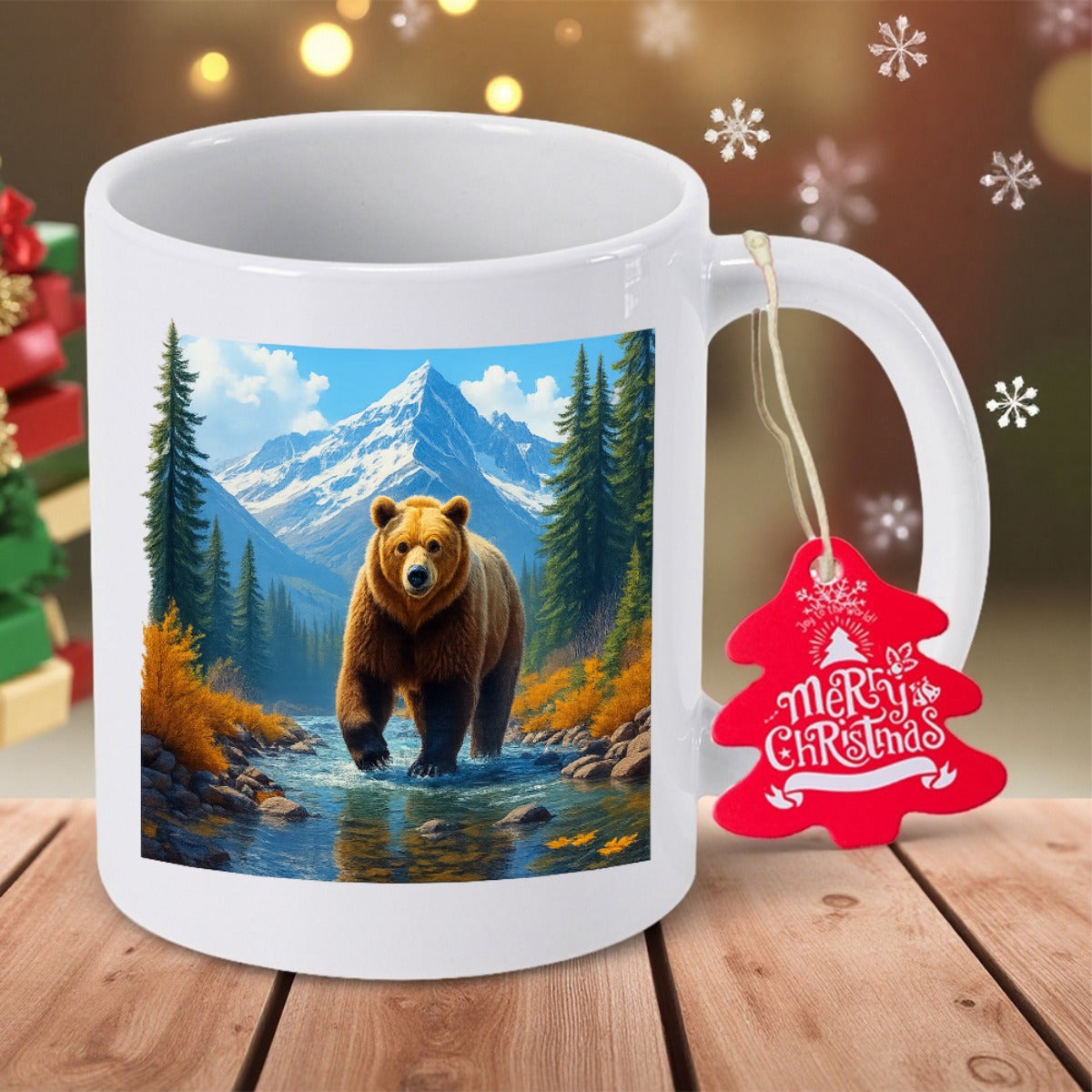 Tailorly White Ceramic 11 oz Mug - Merry Christmas Majestic Grizzly Walking Through A Shallow River Towards Snow Capped Mountains Bear