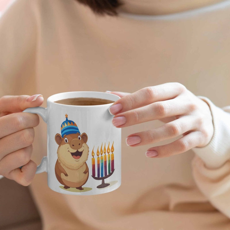 Tailorly White Ceramic 11 oz Mug - Cute Cartoon Animal Wearing Party Hat Beside Hanukkah Menorah Capybara