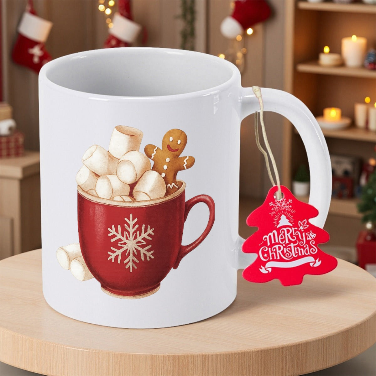 Tailorly White Ceramic 11 oz Mug - Merry Christmas Warm Red Cup With Gingerbread Man And Fluffy White Marshmallows Mug