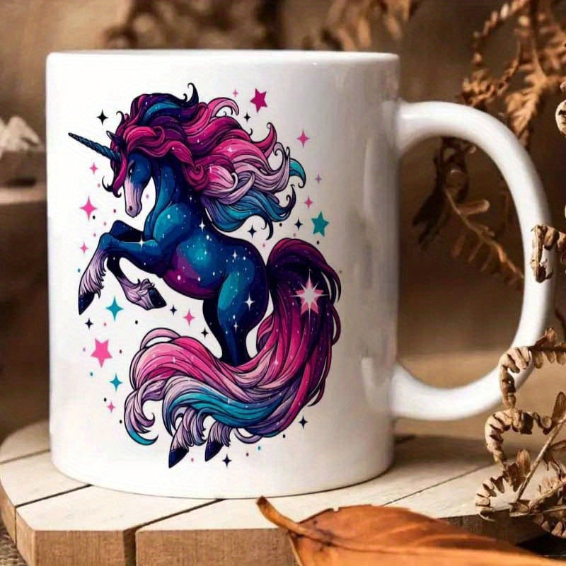 Tailorly White Ceramic 11 oz Mug - Majestic Rearing Galaxy Horse With Flowing Colorful Mane Among Glowing Stars Unicorn