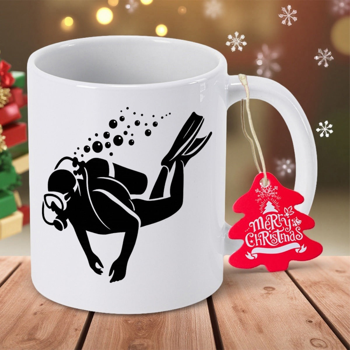 Tailorly White Ceramic 11 oz Mug - Merry Christmas Silhouette Of A Scuba Diver Swimming Deep Under The Ocean Diver