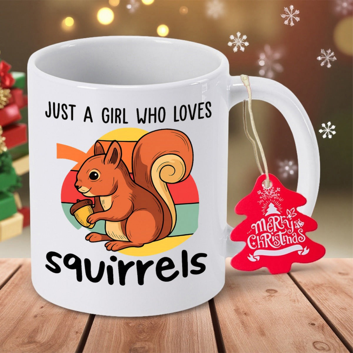 Tailorly White Ceramic 11 oz Mug - Just A Girl Who Loves Squirrels Adorable Fluffy Forest Animal Holding An Acorn Before A Retro Sunset Squirrel