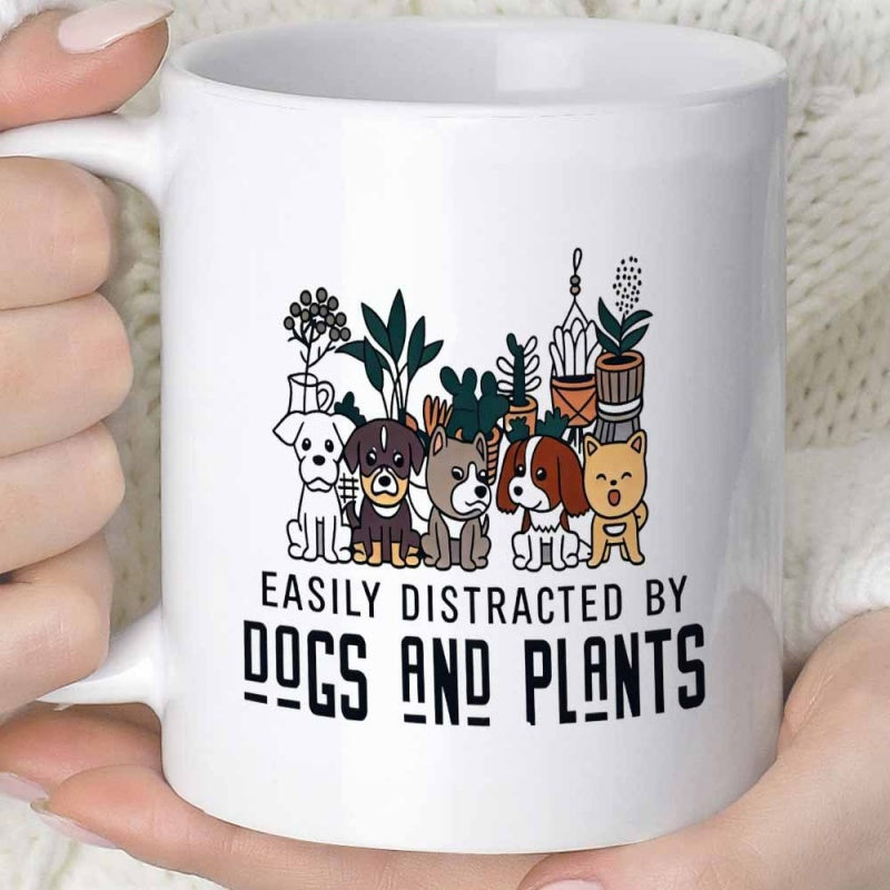 Tailorly White Ceramic 11 oz Mug - Easily Distracted By Dogs And Plants Cute Cartoon Puppies Sitting Together Among Various Green Potted Houseplants Dog