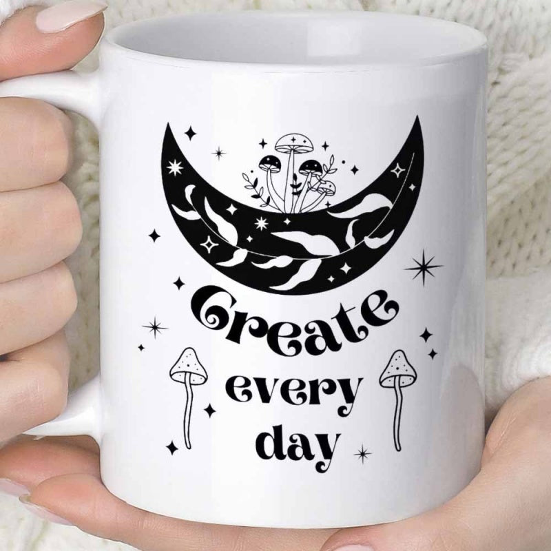 Tailorly White Ceramic 11 oz Mug - Create Every Day Mystical Crescent Moon With Enchanting Mushrooms And Shining Celestial Stars Mushroom