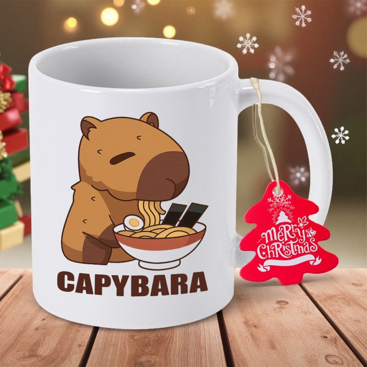Tailorly White Ceramic 11 oz Mug - Capybara Merry Christmas Cute Brown Animal Enjoying Delicious Hot Bowl Of Ramen Capybara