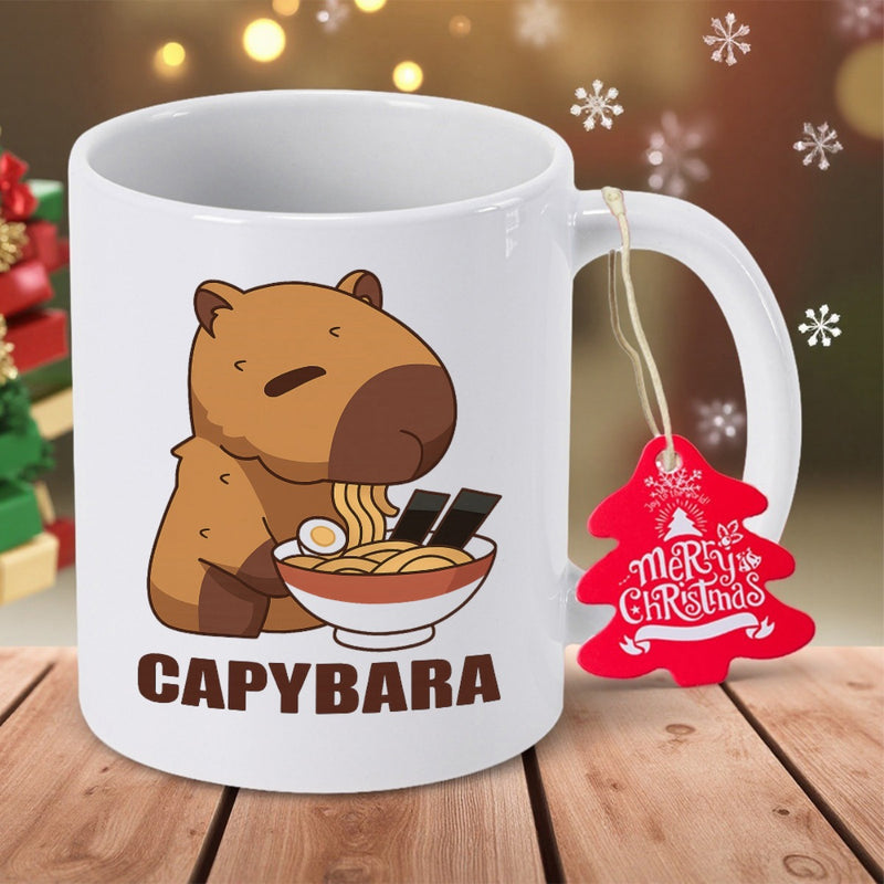 Tailorly White Ceramic 11 oz Mug - Capybara Merry Christmas Cute Brown Animal Enjoying Delicious Hot Bowl Of Ramen Capybara