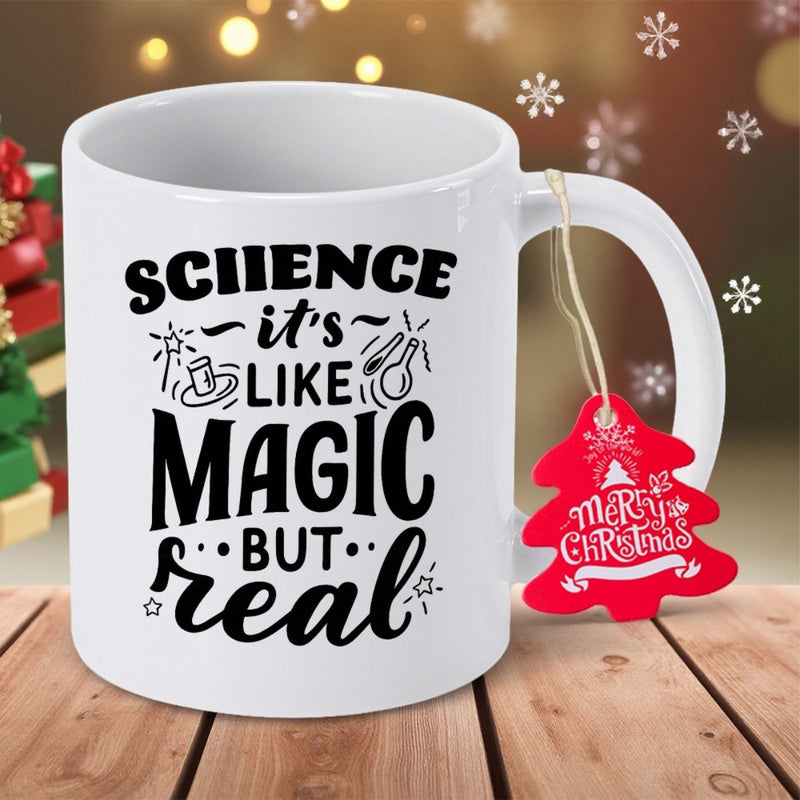 Tailorly White Ceramic 11 oz Mug - Science Its Like Magic But Real Scientific Laboratory Beaker Combined With Enchanted Magic Hat And Shining Stars Mug