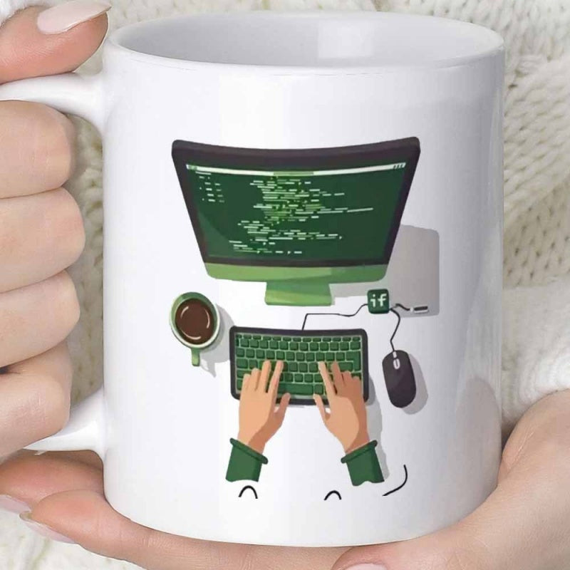 Tailorly White Ceramic 11 oz Mug - Programmer Hands Typing Code At Modern Green Monitor Workstation With Coffee Desk