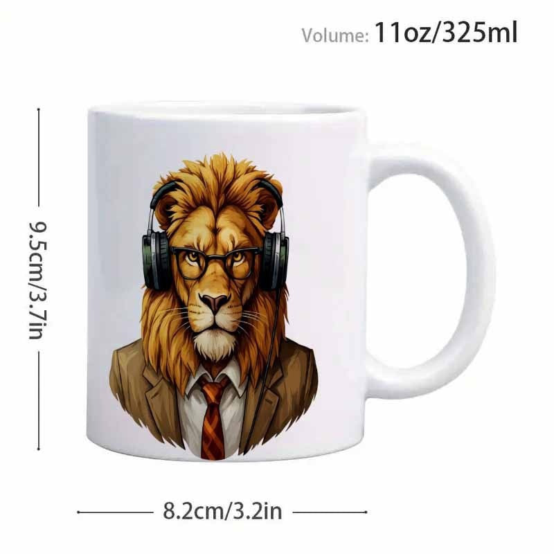Tailorly White Ceramic 11 oz Mug - Professional Majestic Lion Wearing Formal Suit And Modern Tech Headphones Lion