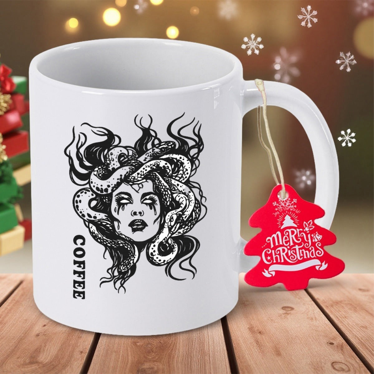 Tailorly White Ceramic 11 oz Mug - Coffee Intricate Black Line Art Depicting Mythological Woman With Coiled Serpentine Hair Medusa