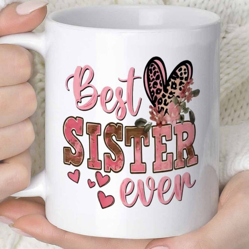 Tailorly White Ceramic 11 oz Mug - Best Sister Ever Decorative Floral Leopard Pattern With Cute Floating Tiny Hearts Heart