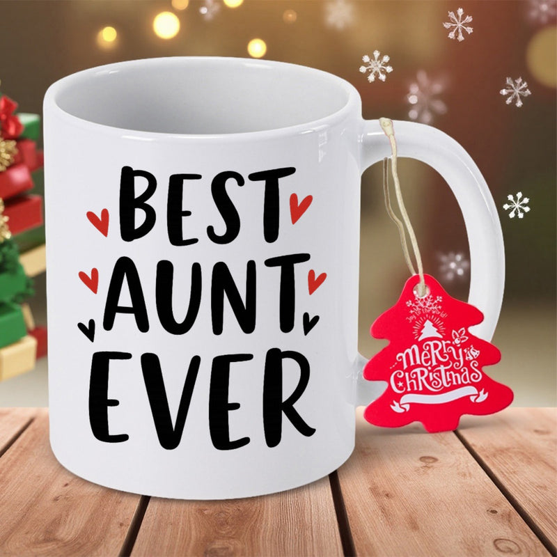 Tailorly White Ceramic 11 oz Mug - Best Aunt Ever Minimalist With Small Red And Black Hearts Mug