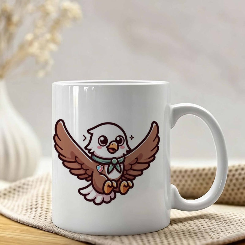 Tailorly White Ceramic 11 oz Mug - Adorable Cartoon Bird Flying With Wide Brown Wings And Tiny Scarf Eagle