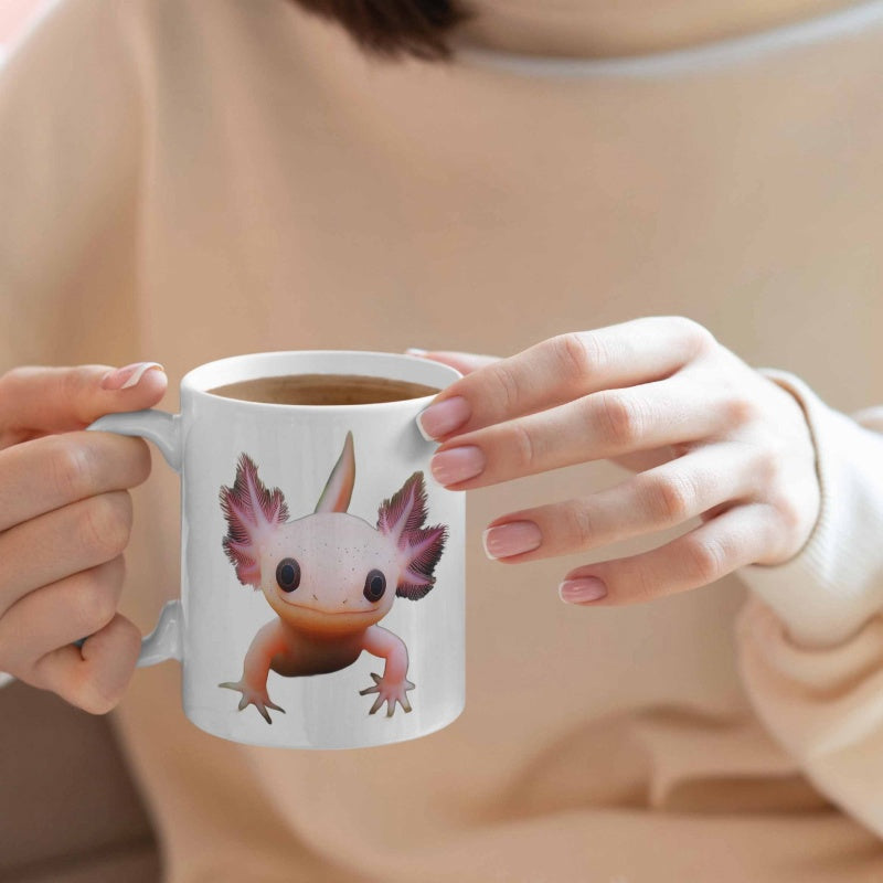 Tailorly White Ceramic 11 oz Mug - Cute Pink Aquatic Salamander With Large Eyes Sitting Calmly Axolotl