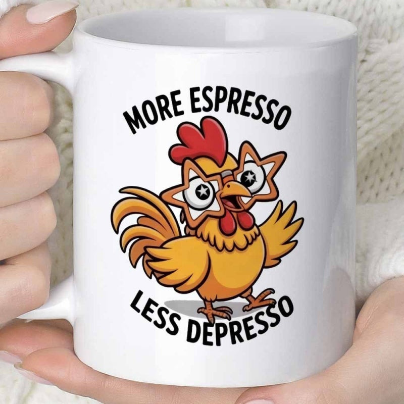 Tailorly White Ceramic 11 oz Mug - More Espresso Less Depresso Funny Rooster Wearing Star Shaped Glasses With Vibrant Feathers And Enthusiastic Pose Chicken
