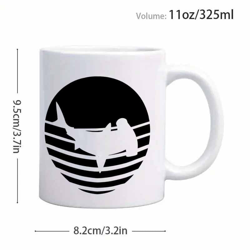Tailorly White Ceramic 11 oz Mug - Retro Striped Circular Ocean Scene With A Swimming Silhouette Shark