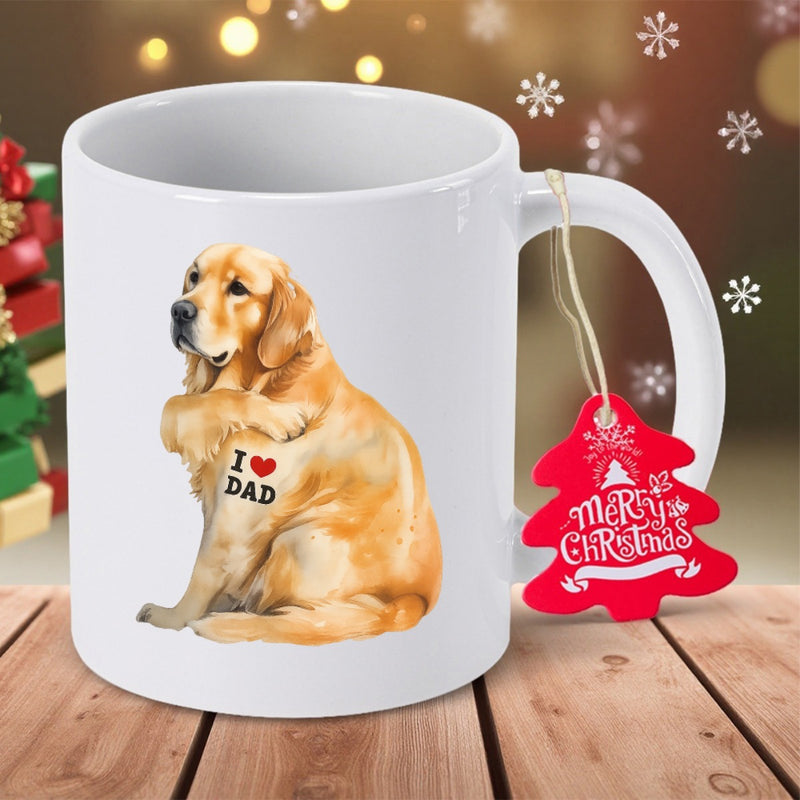 Tailorly White Ceramic 11 oz Mug - I Love Dad Merry Christmas Loyal Golden Dog Sitting Peacefully Against A Clean White Surface Golden Retriever