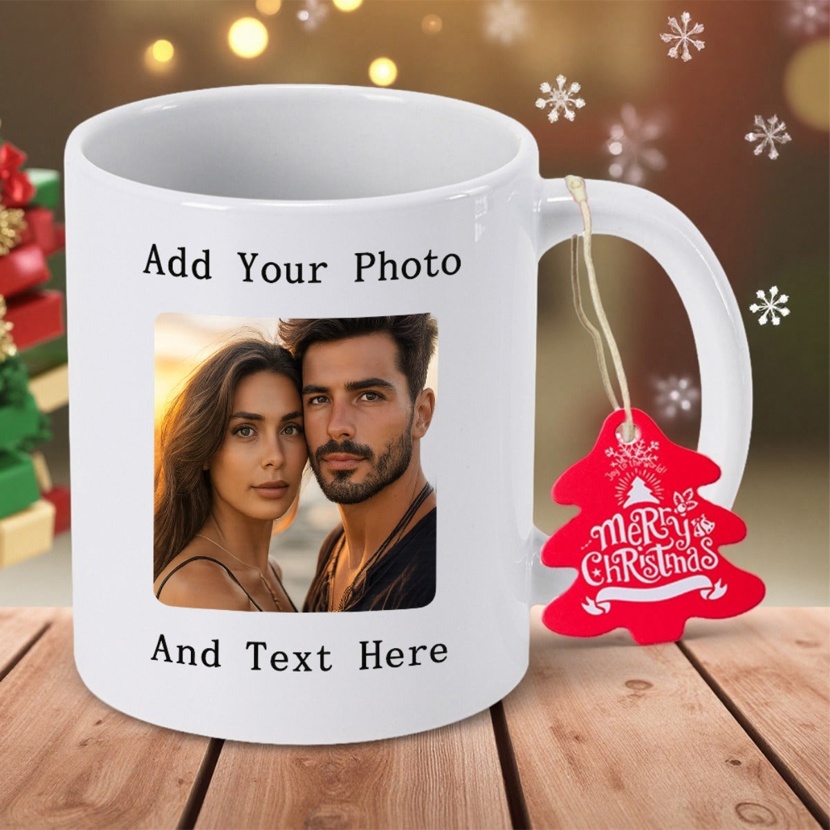 Tailorly White Ceramic 11 oz Mug - Add Your Photo And Text Here Merry Christmas Elegant Featuring Personalized Portrait Amidst Festive Holiday Backdrop Mug