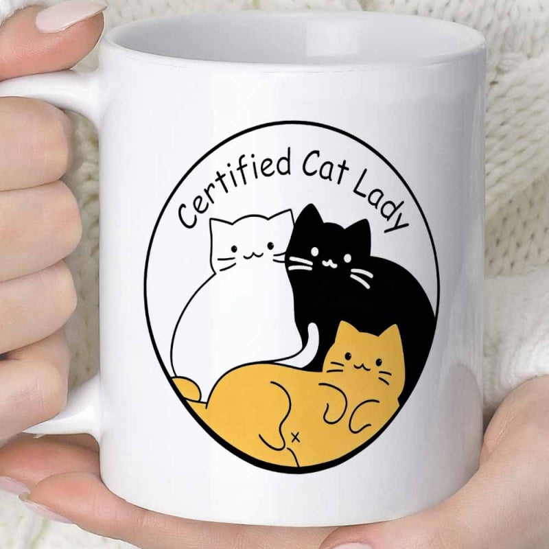 Tailorly White Ceramic 11 oz Mug - Certified Cat Lady Three Adorable Stylized Cartoon Kittens Cuddling Inside A Circle Cat