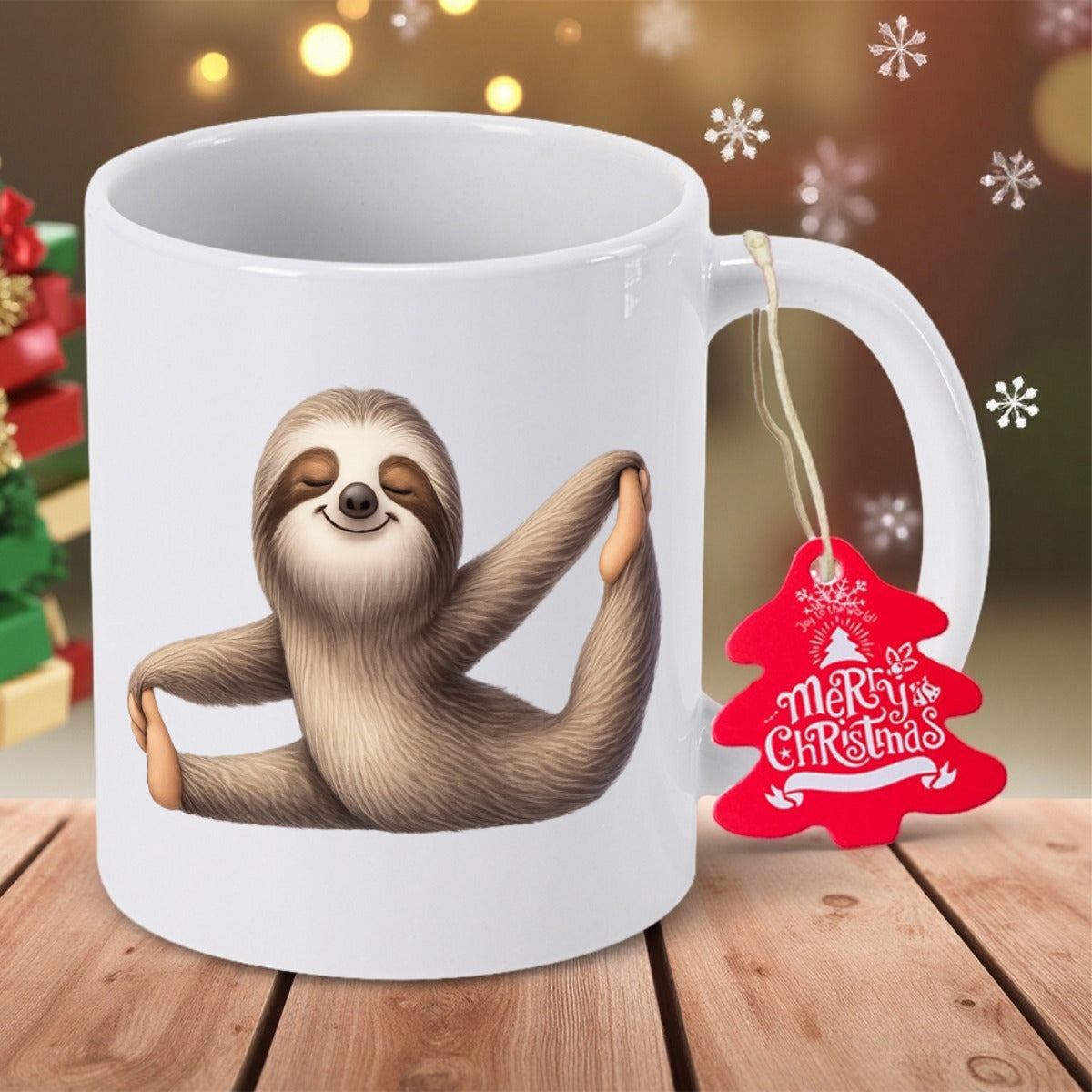 Tailorly White Ceramic 11 oz Mug - Merry Christmas Cute Furry Animal Stretching In Peaceful Yoga Pose Sloth
