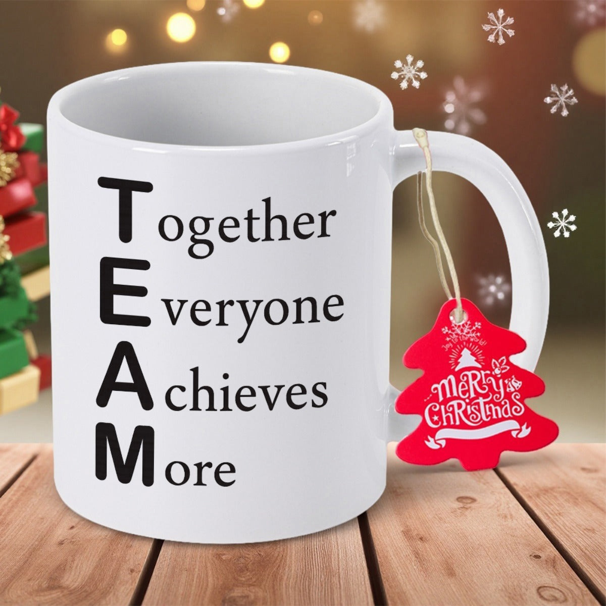 Tailorly White Ceramic 11 oz Mug - Together Everyone Achieves More Team Merry Christmas Elegant White Ceramic Body Featuring Motivational Phrases And Red Tag Mug