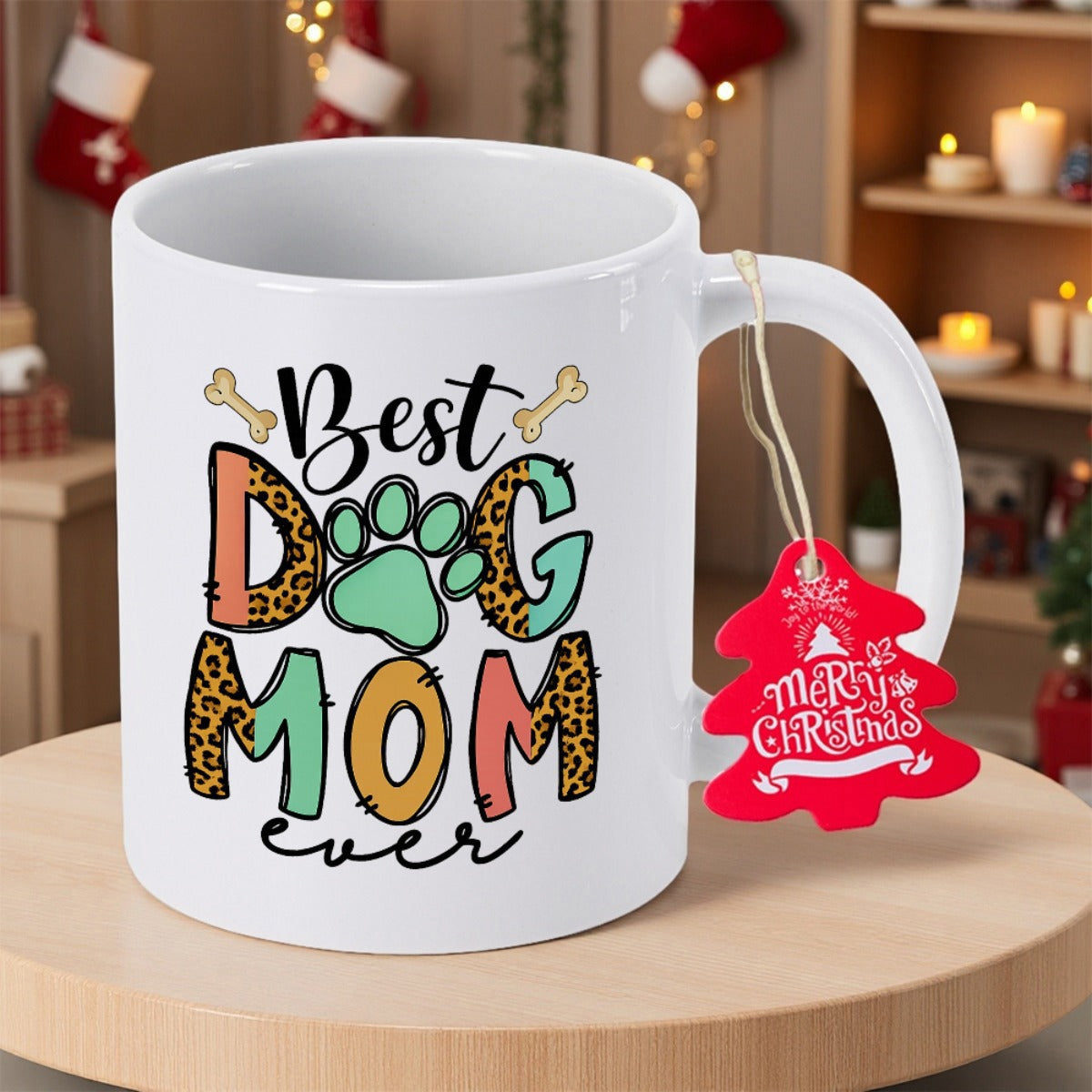 Tailorly White Ceramic 11 oz Mug - Best Dog Mom Ever Colorful Leopard Pattern With Paw Print And Tiny Bones Mug
