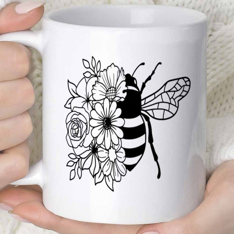 Tailorly White Ceramic 11 oz Mug - Minimalist Black Ink Floral Petals Merged With Delicate Flying Honey Bee