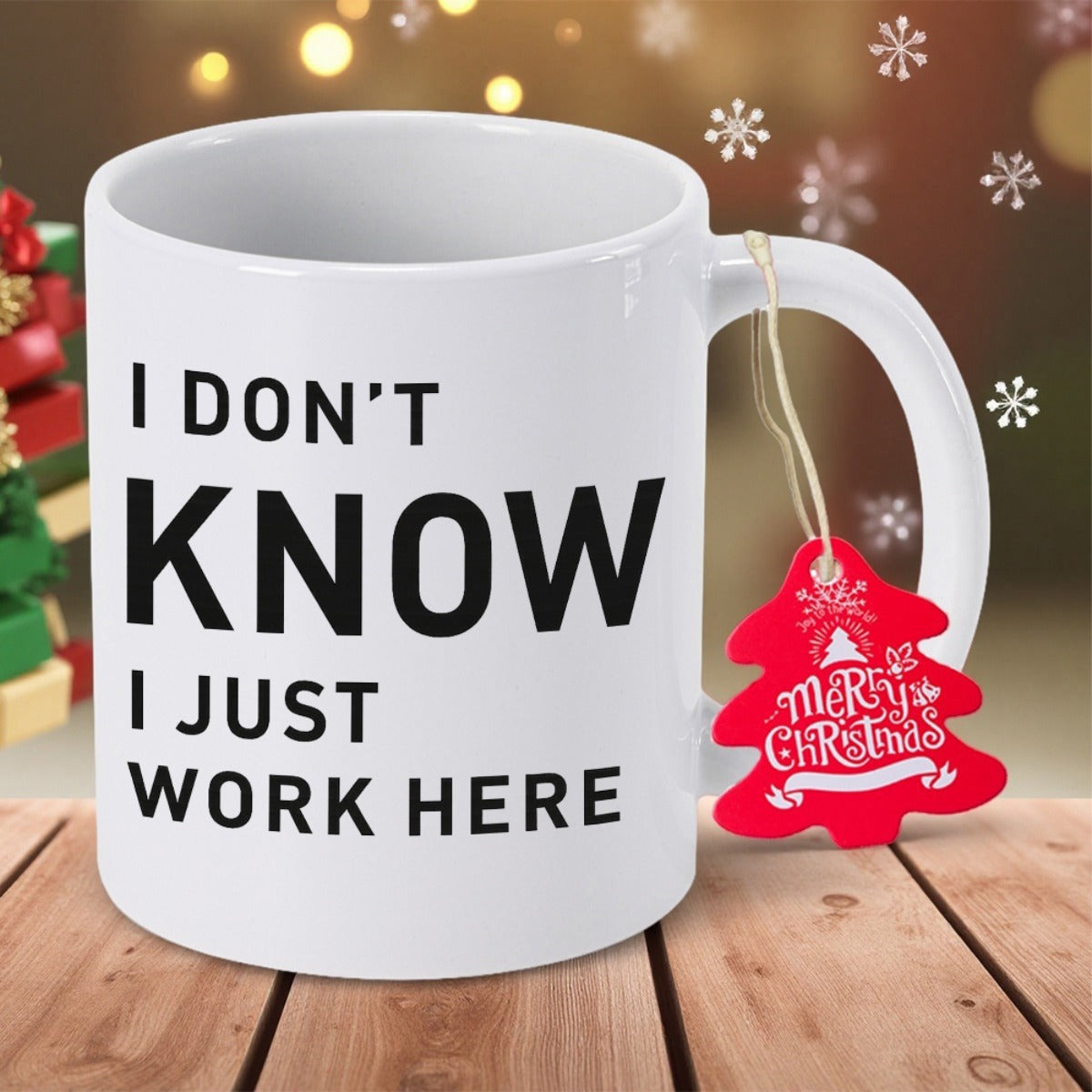 Tailorly White Ceramic 11 oz Mug - I Don't Know I Just Work Here Minimalist Modern Ceramic Vessel Featuring Sharp Typography Against Clean Background Mug