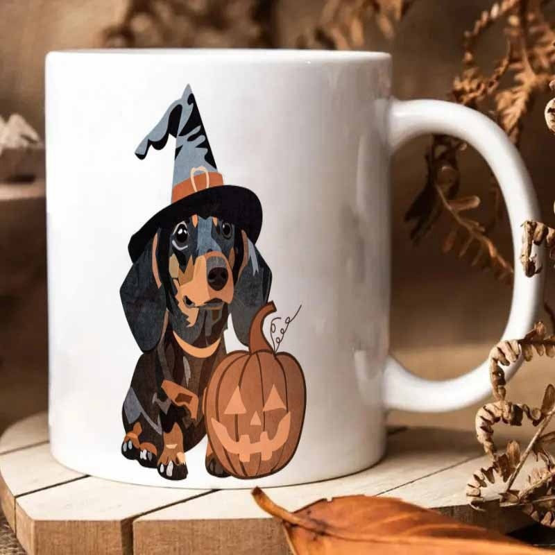 Tailorly White Ceramic 11 oz Mug - Festive Halloween Dog Wearing Pointy Witch Hat Next To Carved Pumpkin Dachshund