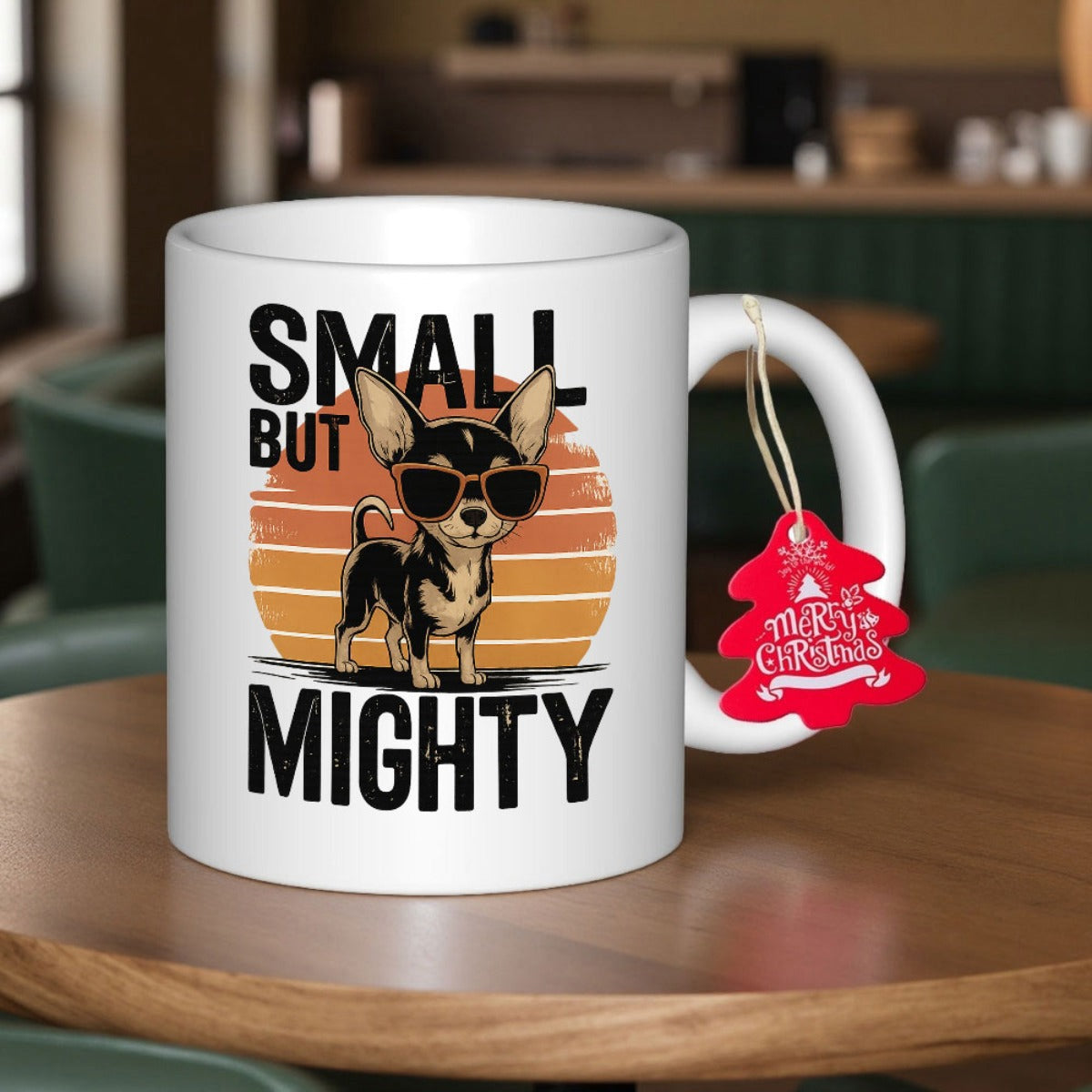 Tailorly White Ceramic 11 oz Mug - Small But Mighty Cool Cartoon Dog Wearing Sunglasses Standing Before A Retro Styled Sunset Chihuahua