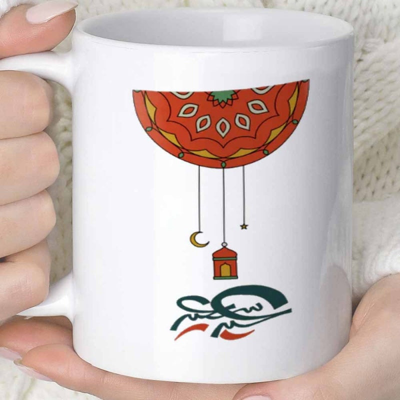 Tailorly White Ceramic 11 oz Mug - Vibrant Red Semi Circular Mandala With Hanging Crescent Star And Traditional Lantern Mandala