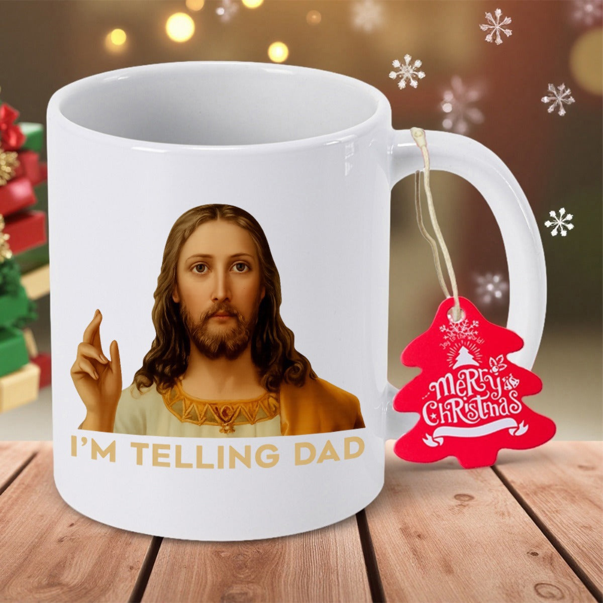 Tailorly White Ceramic 11 oz Mug - I'm Telling Dad Sacred Portrait With Hand Raised Surrounded By Peaceful Divine Atmosphere Jesus