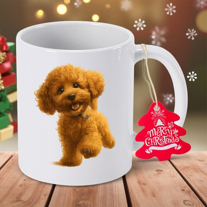 Tailorly White Ceramic 11 oz Mug - Merry Christmas Adorable Fluffy Toy Poodle Puppy With Soft Brown Fur Dog