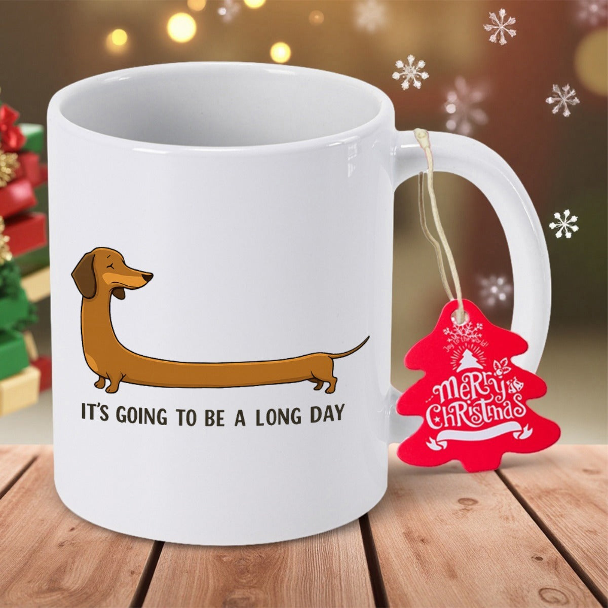Tailorly White Ceramic 11 oz Mug - Its Going To Be A Long Day Minimalist Illustration Of An Exaggeratedly Long Brown Sausage Shaped Dachshund