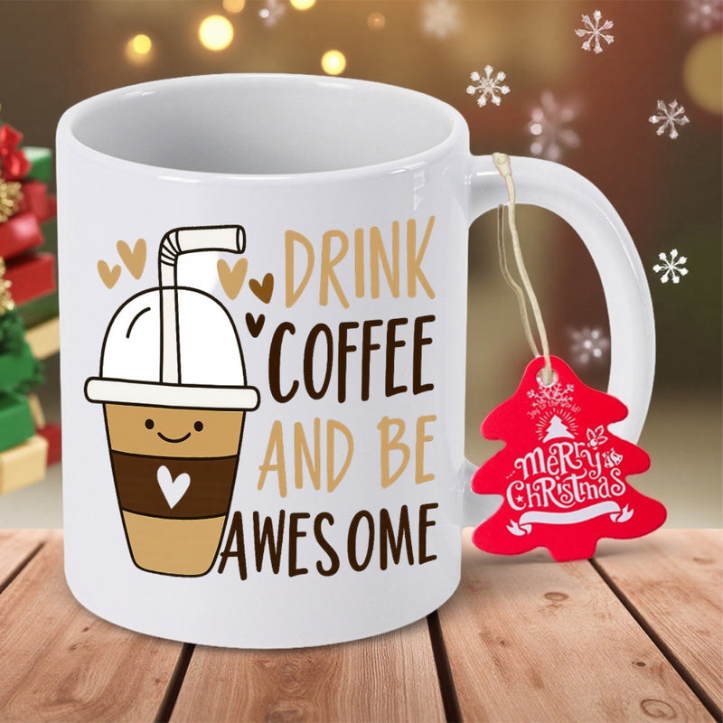 Tailorly White Ceramic 11 oz Mug - Drink Coffee And Be Awesome Cute Cartoon Style Cup With Golden Hearts And Smiling Face Mug