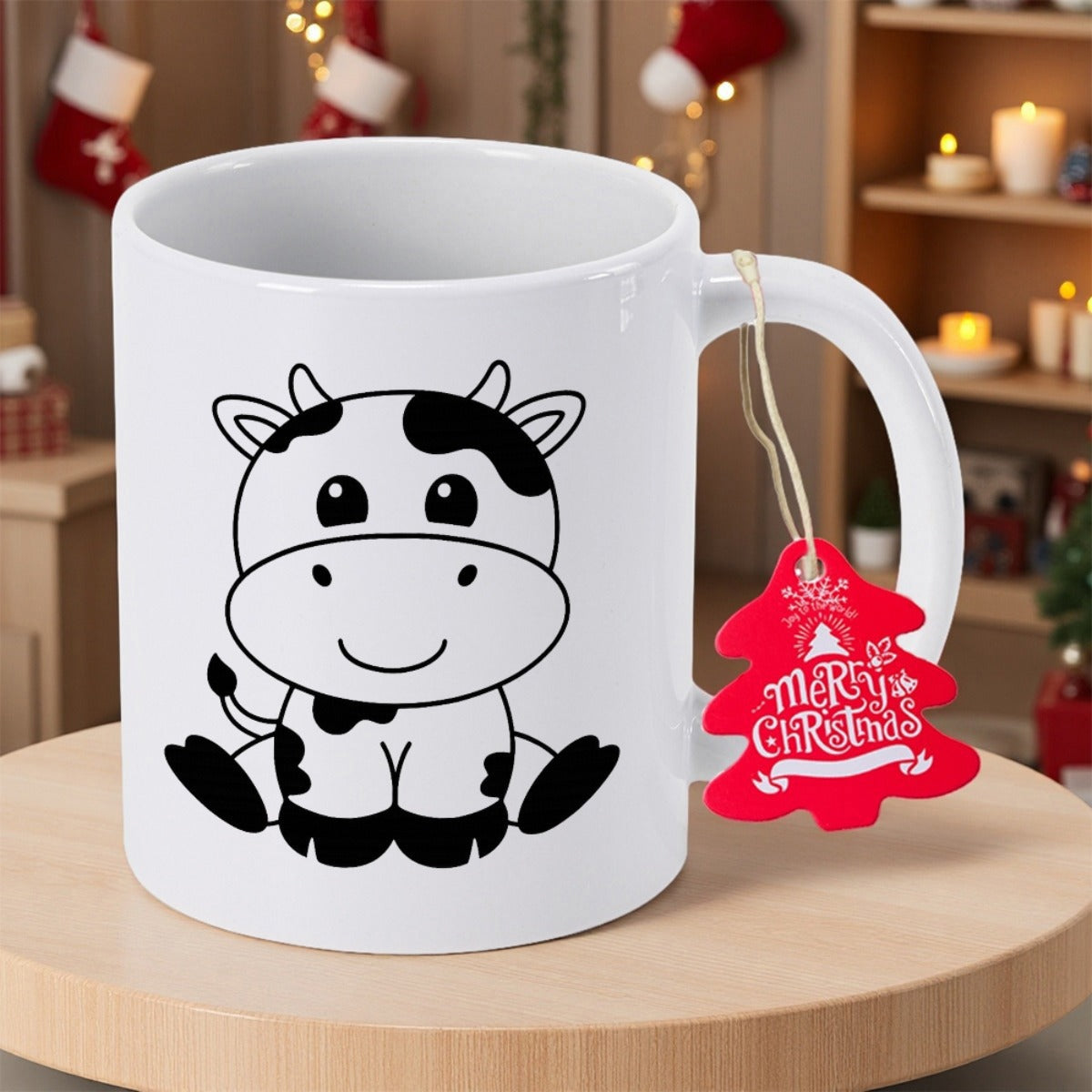 Tailorly White Ceramic 11 oz Mug - Merry Christmas Adorable Minimalist Black And White Spotted Cartoon Sitting Cow
