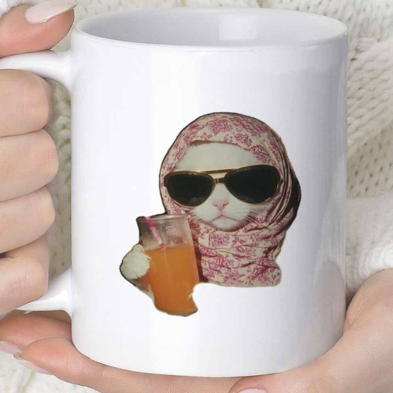 Tailorly White Ceramic 11 oz Mug - Funny Cat Wearing Sunglasses And Patterned Headscarf Holding Refreshing Orange Juice Cat