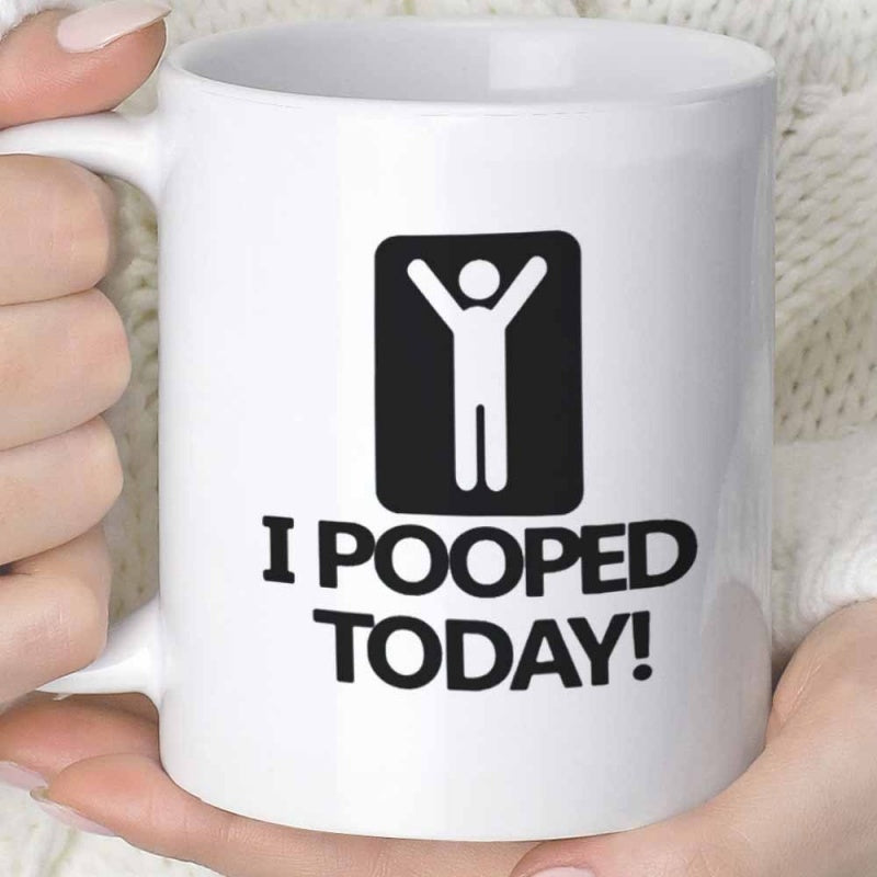 Tailorly White Ceramic 11 oz Mug - I Pooped Today Minimalist Black Rectangle With Jubilant White Stick Figure Silhouette Sign