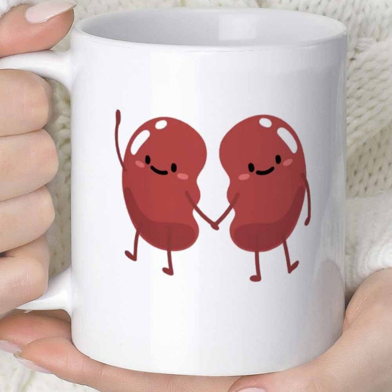 Tailorly White Ceramic 11 oz Mug - Adorable Cartoon Red Characters Holding Hands In Medical Friendship Style Kidneys