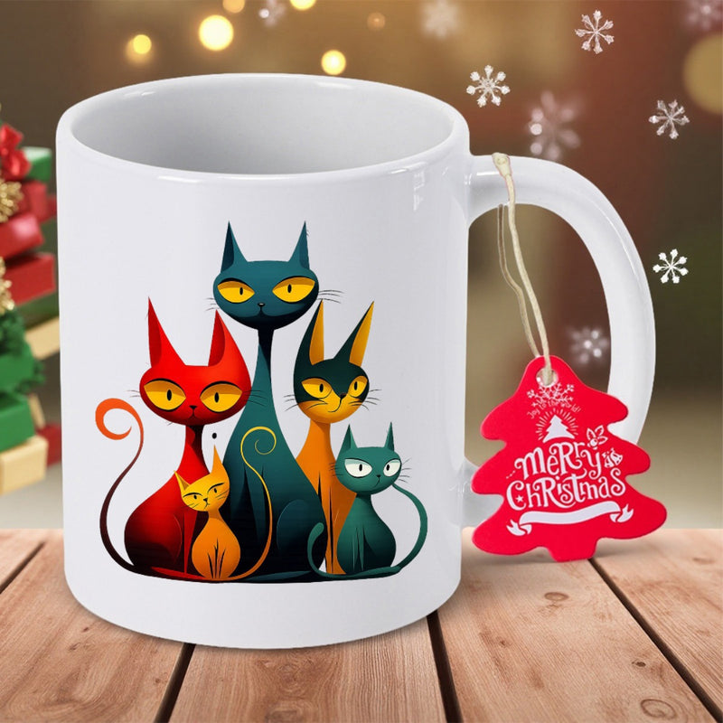 Tailorly White Ceramic 11 oz Mug - Merry Christmas Artistic Modern Stylized Colorful Feline Silhouettes Sitting Together In Abstract Midcentury Cats