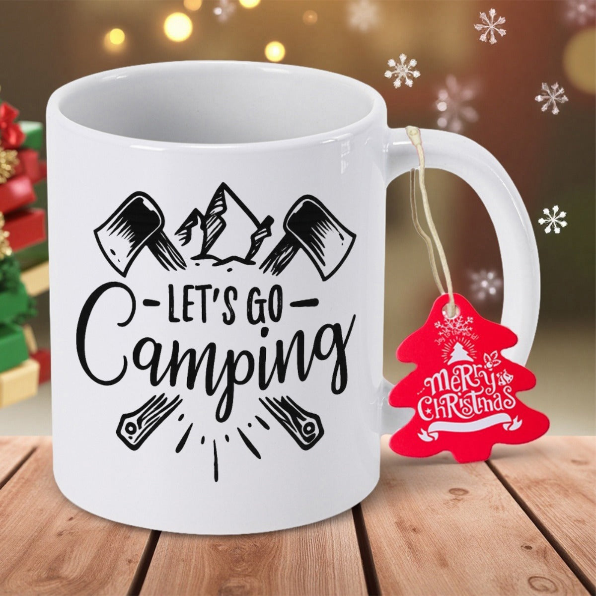 Tailorly White Ceramic 11 oz Mug - Lets Go Camping Silhouette Crossed Wood Axes Under Rugged Peaks And Outdoor Adventure Mountain