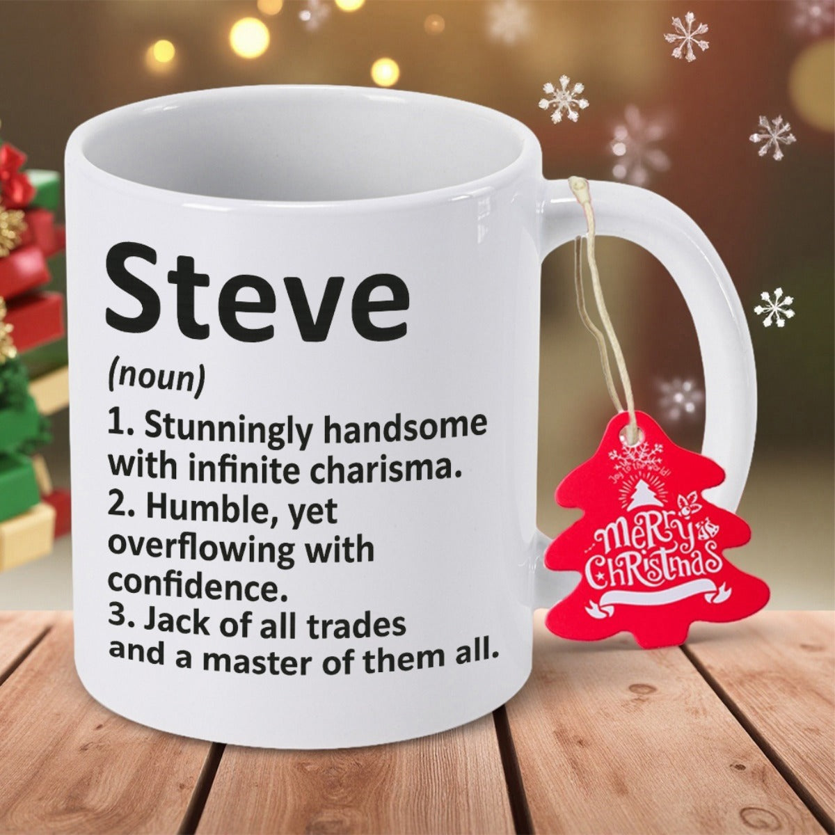Tailorly White Ceramic 11 oz Mug - Steve Stunningly Handsome Infinite Charisma Minimalist Pure Standing On Rustic Wood Mug
