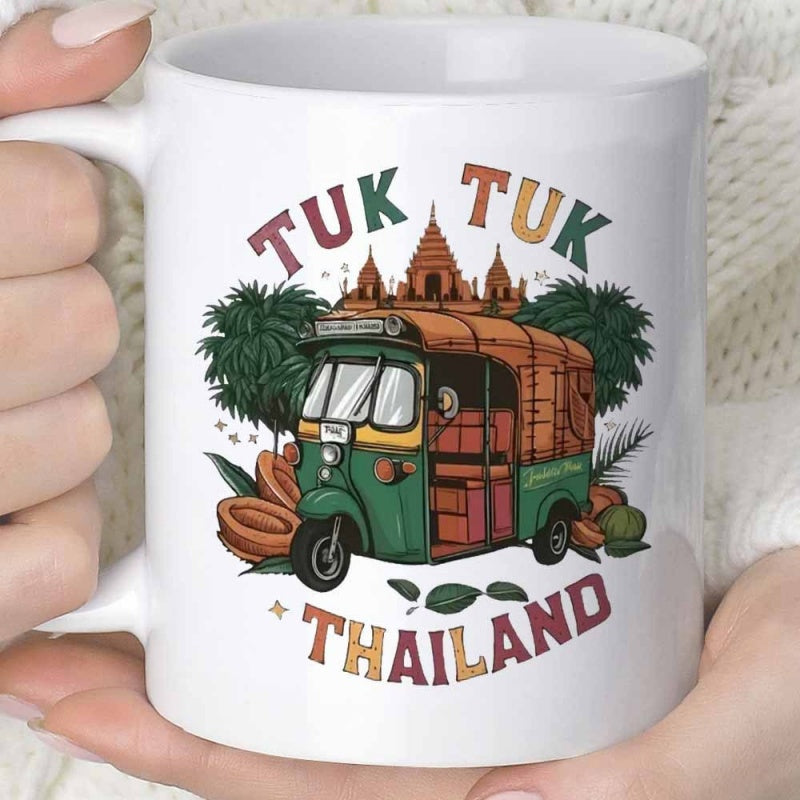 Tailorly White Ceramic 11 oz Mug - Tuk Tuk Thailand Vintage Green Three Wheeled Vehicle Parked Under Tropical Palm Trees Beside Temple Tuk Tuk