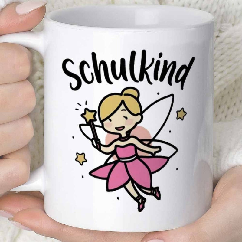 Tailorly White Ceramic 11 oz Mug - Smiling Magical Girl With Wings Holding A Star Magic Wand Fairy