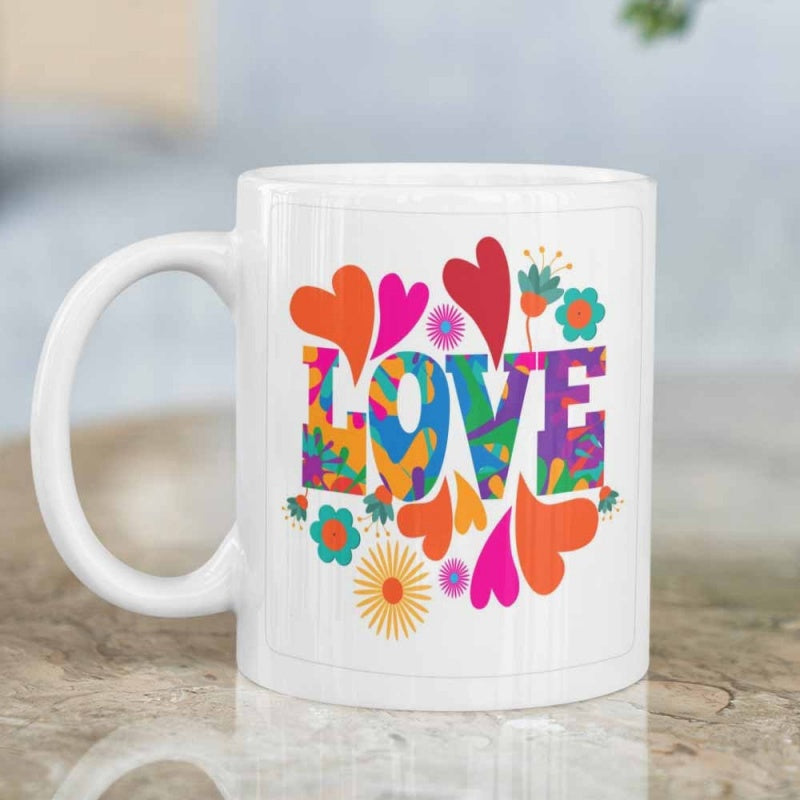 Tailorly White Ceramic 11 oz Mug - Love Vibrant Retro Groovy Letters Decorated With Colorful Blooming Flowers And Heart