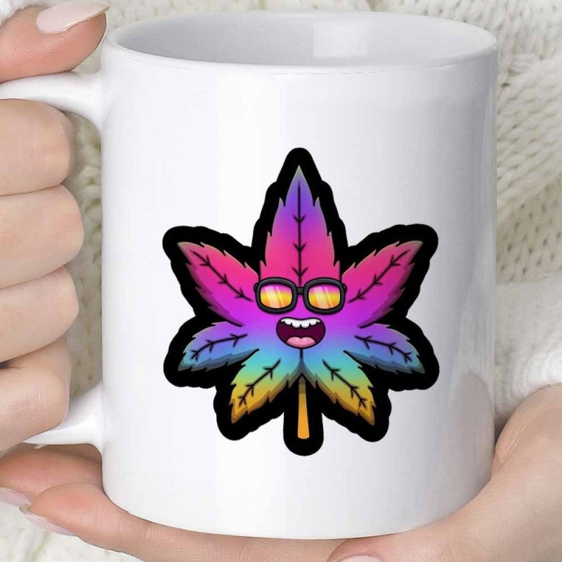 Tailorly White Ceramic 11 oz Mug - Vibrantly Colored Gradient Cannabis Character Wearing Stylish Sunglasses Smiling Happy Leaf