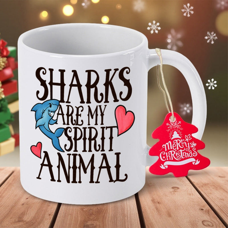 Tailorly White Ceramic 11 oz Mug - Sharks Are My Spirit Animal Playful Blue Sea Creature Swimming Among Charming Red Hearts Shark