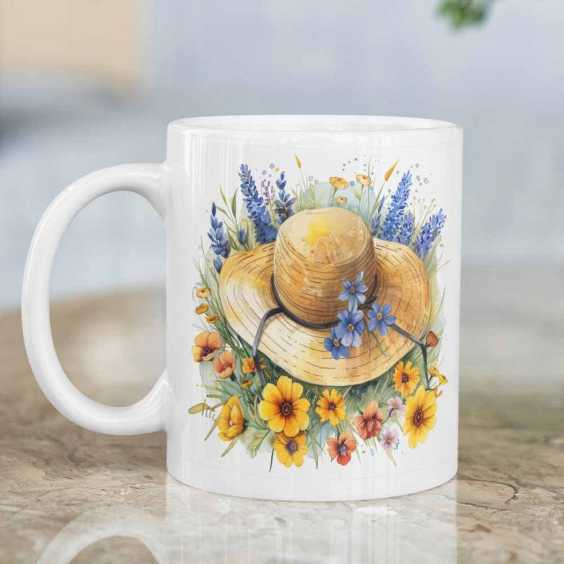 Tailorly White Ceramic 11 oz Mug - Beautiful Watercolor Wildflowers Blooming Around A Classic Rustic Woven Straw Hat