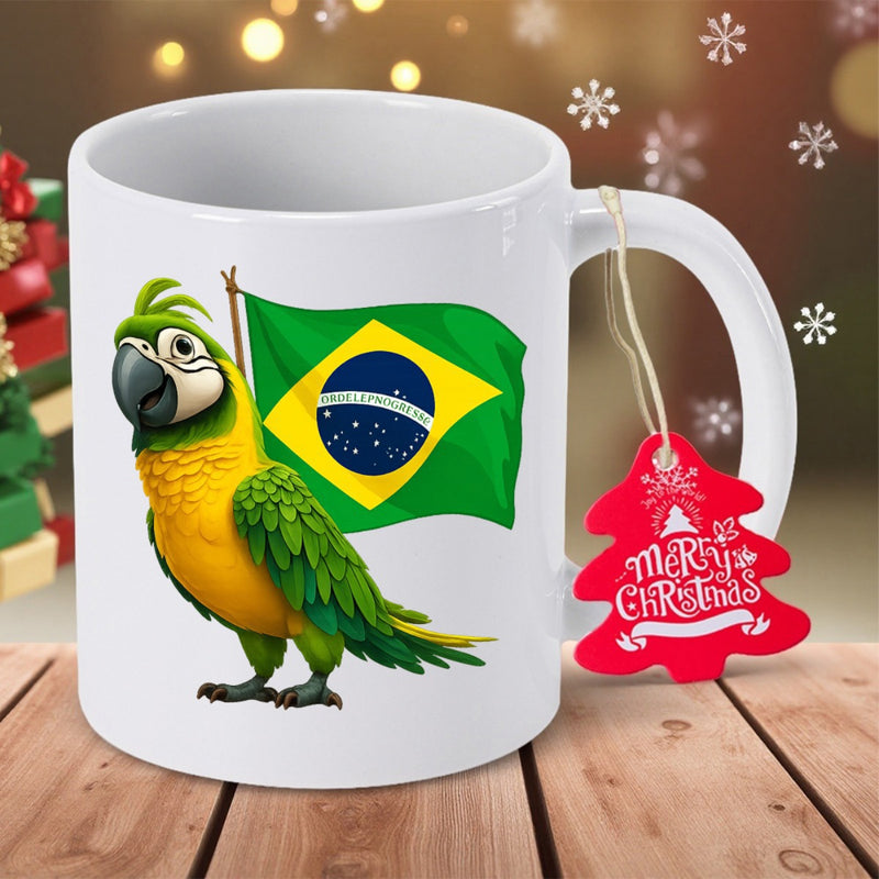 Tailorly White Ceramic 11 oz Mug - Colorful Tropical Bird Standing Beside Waving Brazil National Flag Parrot