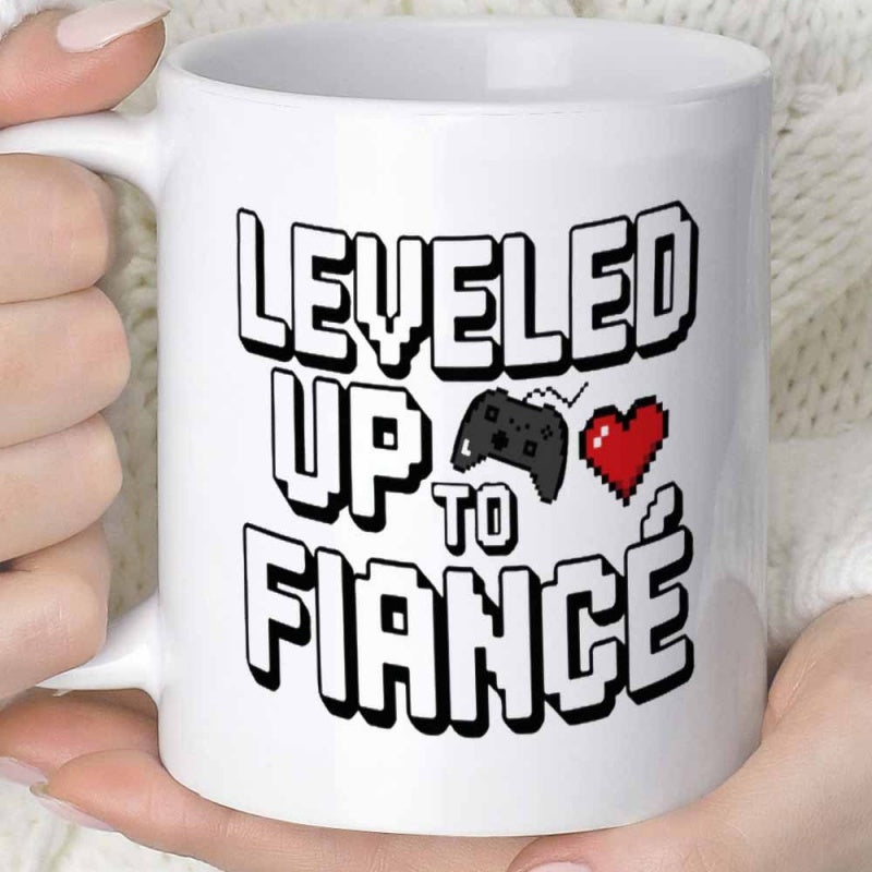 Tailorly White Ceramic 11 oz Mug - Leveled Up To Fiance Retro Pixelated Video Game Controller With Floating Red Heart Controller
